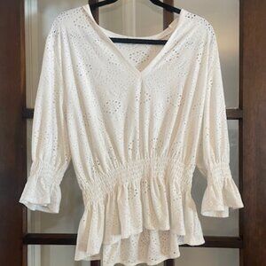 Zara White Eyelet Peasant Blouse, Size Medium